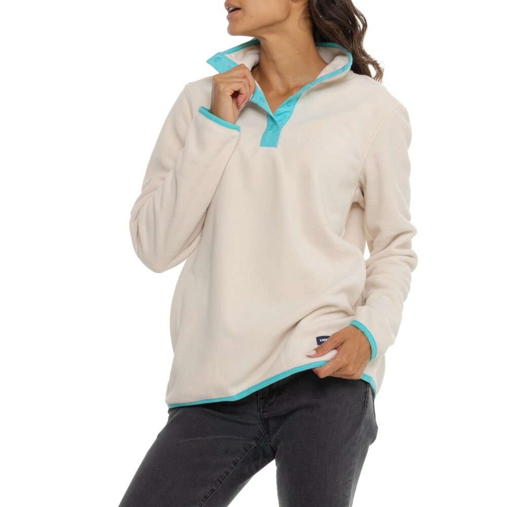NEW Lands' End Lightweight Powder Fleece Sweater Snap Neck Sand/Blue Turq 925 2s